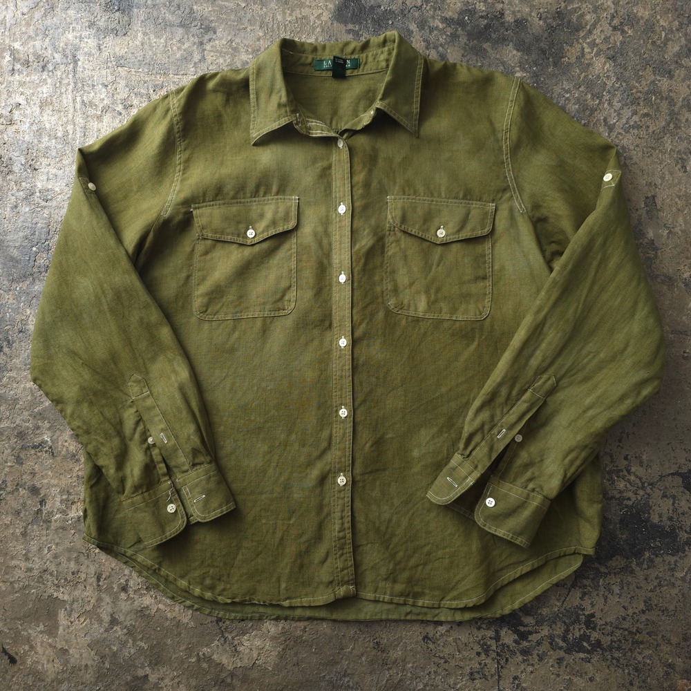 Vintage 2000s Lauren Ralph Lauren Green Button Up Shirt XL Hand Dyed Linen